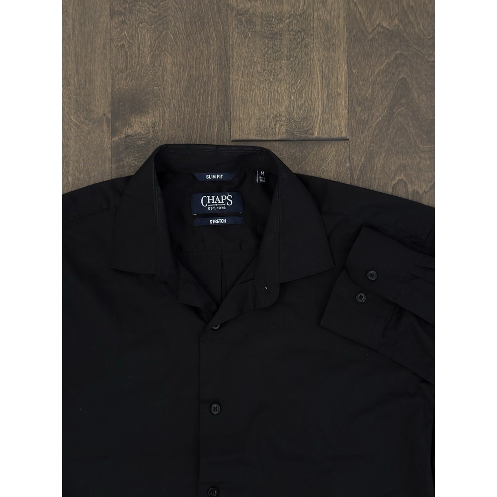 NWT Chaps Mens Slim Fit Stretch Black Button Down Shirt Size M 15-15.5 34/35 L/S